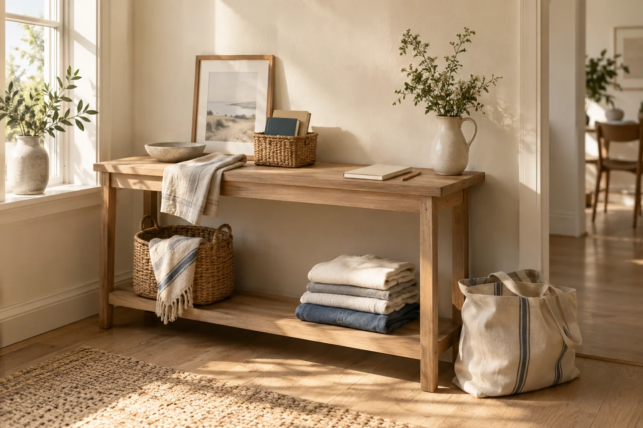 A sunlit home console with notebooks, a woven basket and a canvas tote